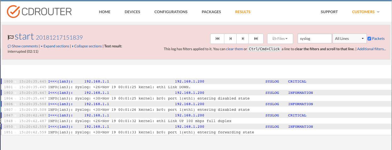 CDRouter displaying syslog messages