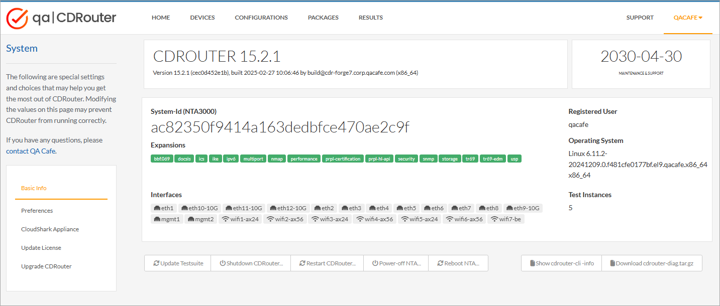CDRouter System Page
