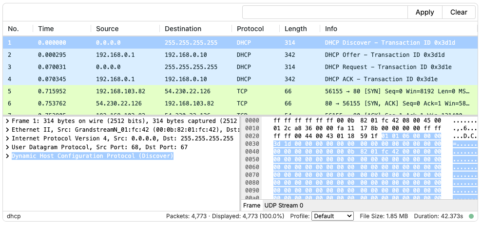 wireshark-like view